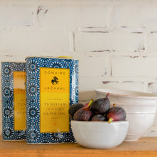 Load image into Gallery viewer, Two 1 liter tins of Domaine Lachaal organic extra virgin olive oil with a bowl of figs